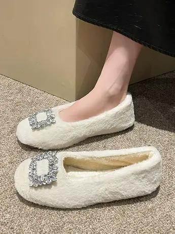 温柔水钻方头加绒豆豆单鞋2023年新款时尚毛毛鞋女秋冬外穿棉瓢鞋商品大图