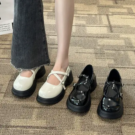 黑色英伦风小皮鞋女夏季2023新款百搭复古厚底设计感小众玛丽珍鞋商品大图
