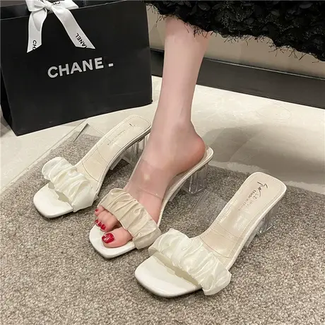 透明一字带凉鞋女夏2024年新款仙女风水晶粗跟露趾外穿高跟凉拖鞋商品大图