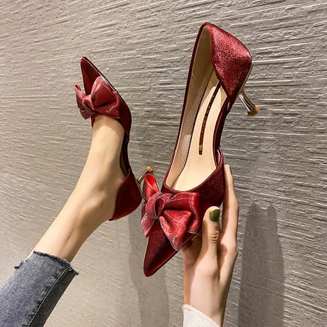蝴蝶结高跟鞋女细跟2024年春季新款百搭红色婚鞋绸缎尖头侧空单鞋商品大图