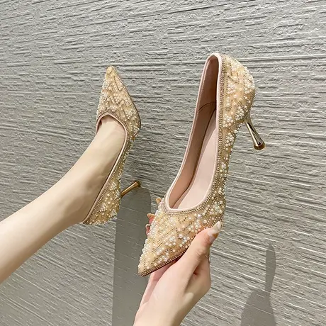 高跟鞋女2024年新款秋冬季尖头水钻法式婚鞋新娘鞋伴娘鞋细跟单鞋商品大图