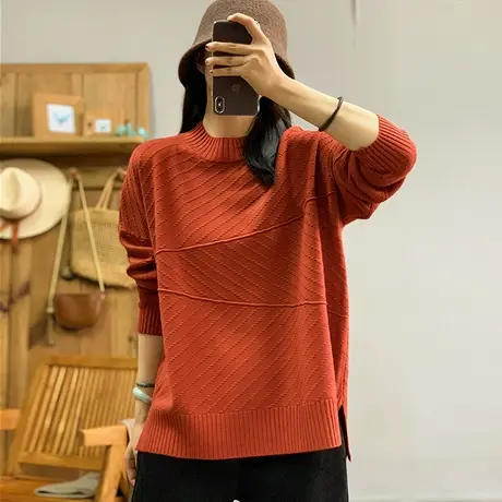 dza 复古大版斜织拼接毛衣女秋冬半高领打底衫宽松针织衫内搭上衣图片