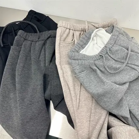 美式复古高腰阔腿休闲裤女冬季加厚加绒宽松百搭运动直筒拖地长裤图片