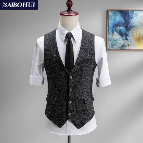 秋冬季呢子西装马甲男士修身韩版商务英伦休闲西服马夹男坎肩背心商品大图