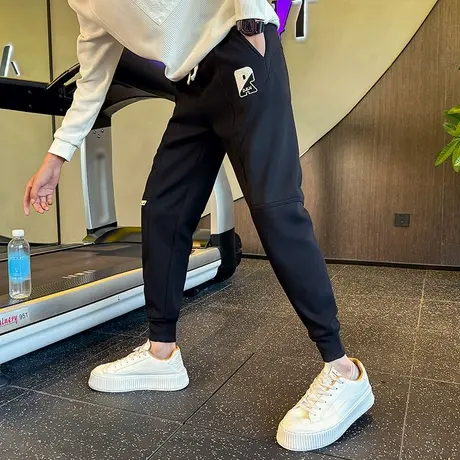 秋冬2023新款男裤刺绣拼接设计感修身束脚裤潮牌运动百搭休闲卫裤图片