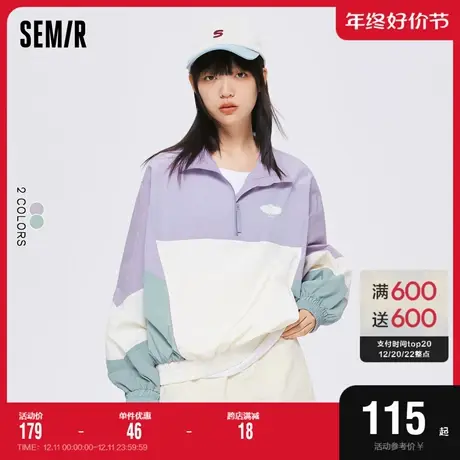 森马外套女拼色oversize复古2022秋季新款网眼拼接甜酷立领上衣图片