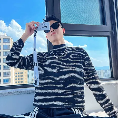 美式半高领长袖t恤男宽松休闲斑马纹个性针织镂空打底衫痞帅上衣商品大图