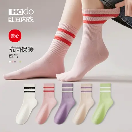 袜子女士红豆纯棉条纹抗菌秋冬棉袜加厚长筒袜透气月子袜女中筒袜商品大图