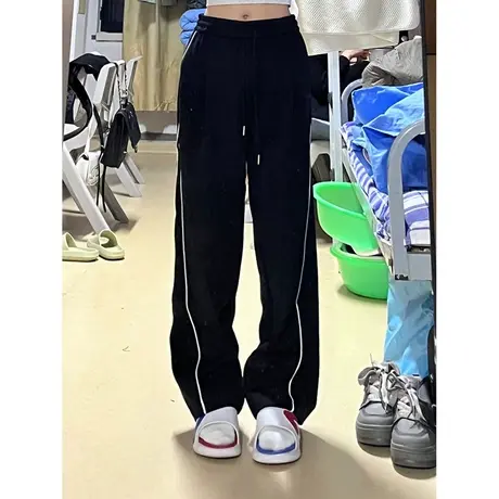 侧边条纹运动阔腿裤女2024新款秋冬季韩版高腰百搭宽松休闲拖地裤图片