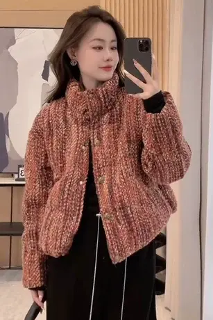 韩版粗花呢亮片洋气立领羽绒服女冬季新款小个子加厚保暖面包外套图片