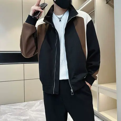 秋季个性飞行员立领夹克男潮流韩版拼色网红高级感休闲外套上衣商品大图