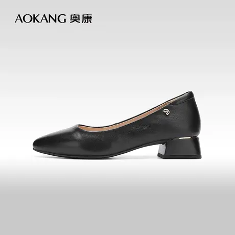 【门店发货】奥康女鞋 2024春季新款黑色小皮鞋粗跟尖头职业单鞋商品大图