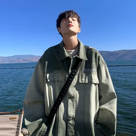 复古渐变牛仔外套男春秋季高街潮牌工装夹克宽松潮流美式休闲衣服商品大图