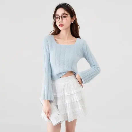 othermix仿水貂毛软糯方领针织衫女2024春季新款温柔短款女士毛衣图片