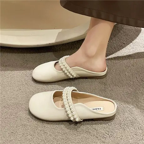 包头半拖鞋女2024年新款时尚平底凉拖仙女风懒人珍珠穆勒单鞋外穿商品大图