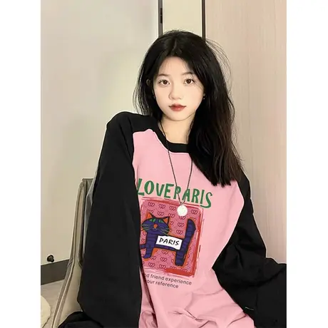 美式复古拼色插肩袖长袖t恤女春秋薄款宽松慵懒风打底衫初秋上衣商品大图