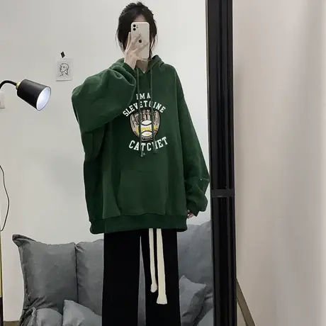 慵懒外套oversize卫衣女加绒加厚港风chic秋冬季美式复古套头上衣商品大图