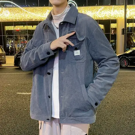 唐狮灯芯绒外套男装春秋新款前胸口袋休闲运动外套潮美式复古夹克图片
