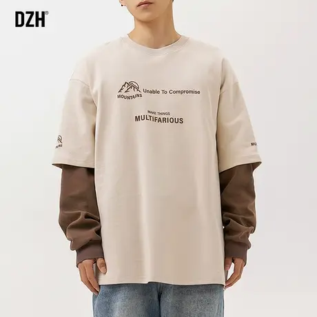 男士卫衣2024新款假两件上衣拼接t恤长袖男春秋内搭情侣美式高街图片