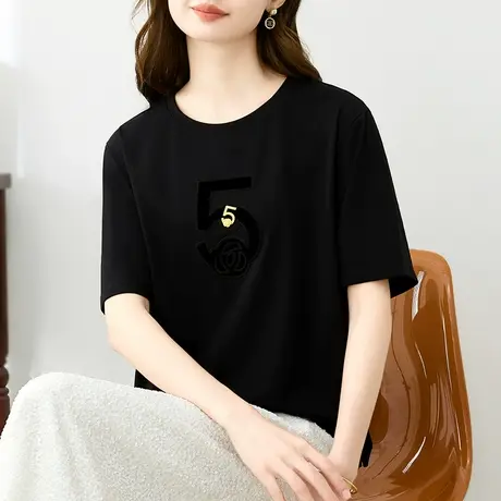 纯棉短袖t恤女夏装新款时尚美拉德休闲上衣大码女装黑色半袖体恤商品大图