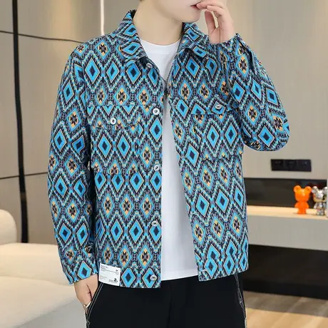 个性翻领外套男2022秋季潮牌ins新款休闲韩版上衣千鸟格子夹克男商品大图