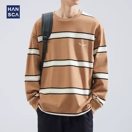 hansca 圆领条纹卫衣男春秋款长袖T恤宽松潮流百搭纯棉休闲打底衫商品大图