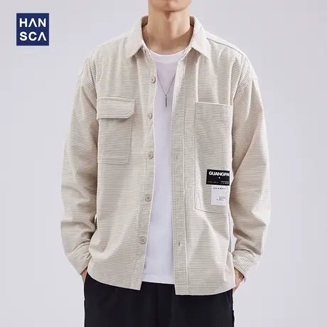 hansca翻领长袖衬衫男高级感秋季潮牌宽松休闲工装华夫格衬衣外套商品大图