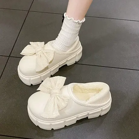 蝴蝶结棉拖鞋女冬季室内外穿厚底增高防水防滑加绒保暖包跟棉鞋女商品大图