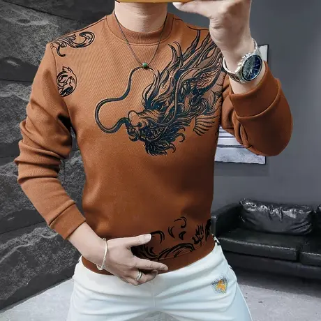 欧版男士卫衣加绒加厚加肥加大码本命年大红色龙年长袖T恤打底衫商品大图