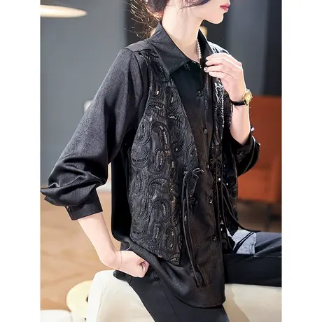 宝诗黎假两件亮片拼接提花衬衫2024春季新款盘扣休闲百搭雪纺衬衣商品大图