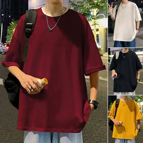 纯色纯棉短袖t恤男夏季港风chic宽松大码半袖体恤休闲情侣装上衣商品大图