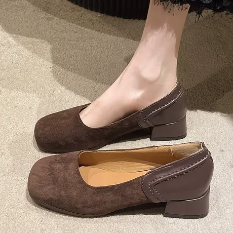 小众复古棕色豆豆鞋女粗跟2024春秋新款黑色百搭浅口中跟方头单鞋图片