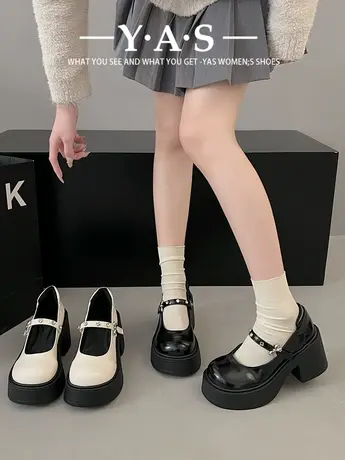 黑色粗跟厚底小皮鞋女2024新款春季高跟鞋玛丽珍单鞋矮子乐日系jk图片