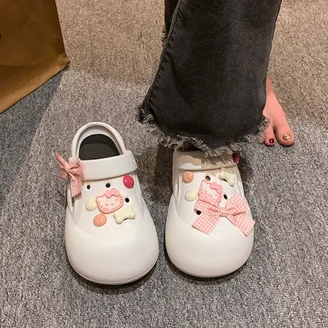 可爱少女心蝴蝶结洞洞鞋女夏季厚底增高踩屎感防滑沙滩包头拖鞋图片