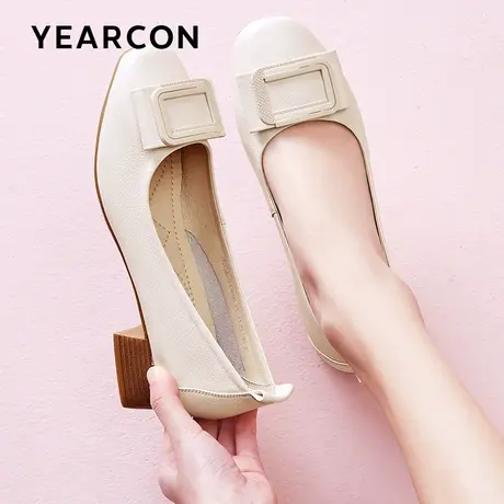 意尔康女鞋春季新款真皮浅口粗跟女士单鞋一脚蹬低帮鞋方头皮鞋商品大图