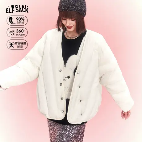 妖精的口袋新中式短款羽绒服女2023冬季新款白色v领薄款羽绒外套图片