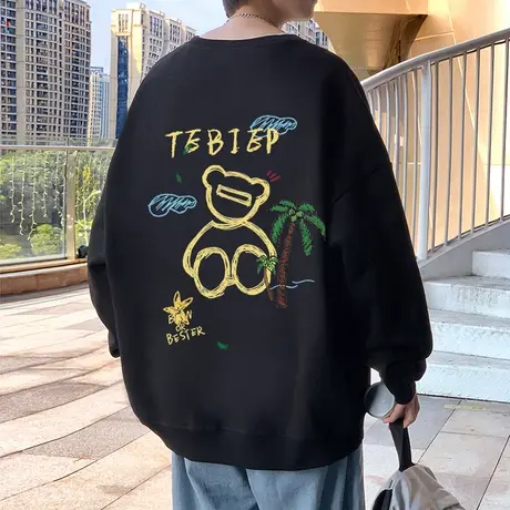 圆领无帽秋冬季卫衣男ins潮牌港风美式宽松长袖卡通小熊休闲外套商品大图