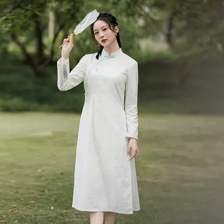 素飞改良旗袍奥黛新款2023春季白色提花棉修身长裙中式立领禅茶服商品大图