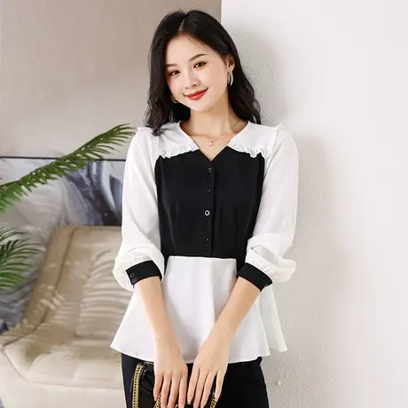 伊自尚2023早秋女装大码胖mm假两件V领木耳边拼接撞色衬衫上衣女商品大图