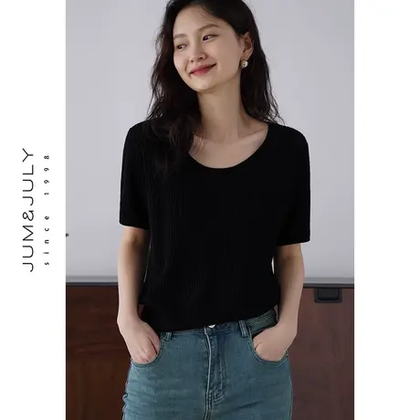 嘉茱莉2023秋季新款短袖针织衫女短款U型圆领针织套头上衣薄款商品大图