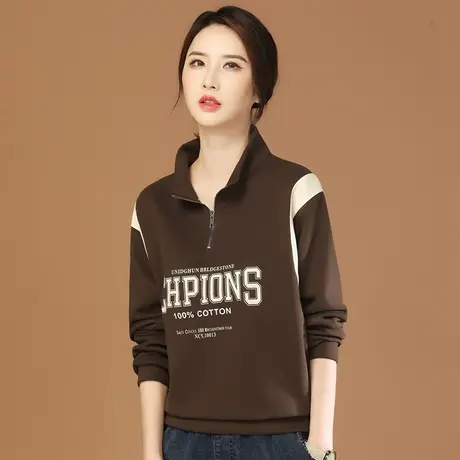 韩潮袭人立领休闲字母印花黑色卫衣女2023秋宽松长袖百搭T恤上衣商品大图