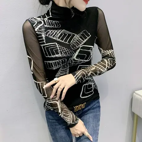 网纱高领打底衫女网纱2023新款洋气百搭长袖T恤复古印花修身上衣商品大图