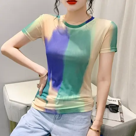 2023夏季新款时尚网纱圆领T恤女短袖设计感小众拼色印花上衣小衫商品大图