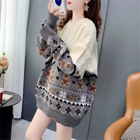 卡通小熊中长款减龄针织衫毛衣女2023秋冬新款女百搭圆领宽松上衣商品大图