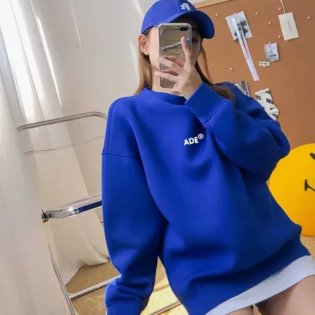 克莱因蓝卫衣女2023新款春秋冬oversize中长款遮屁股加绒加厚外套商品大图