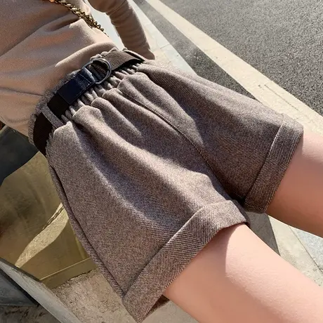 毛呢短裤女2022秋冬新款高腰休闲裤子女潮ins炸街阔腿外穿靴裤子图片