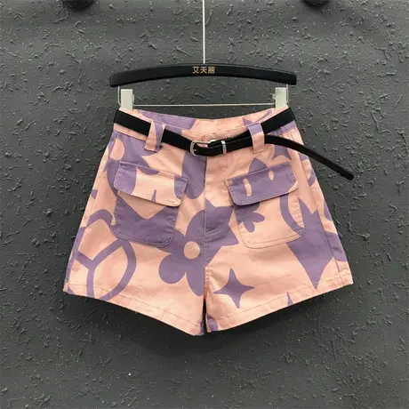 2023夏季新款粉色印花韩版高腰牛仔短裤女宽松显瘦时尚A字阔腿裤图片