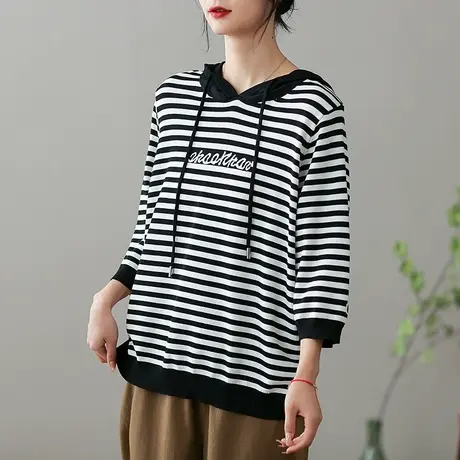 dza复古宽松短袖t恤女士2023春夏新款连帽条纹打底衫漂亮薄款上衣商品大图