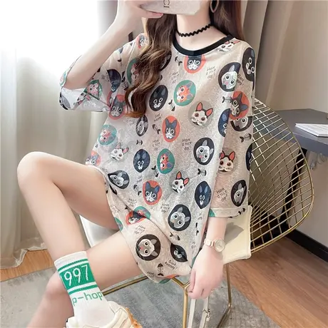 设计感小众短袖t恤女夏季韩版宽松大码中长款冰丝防晒衣可爱上衣商品大图