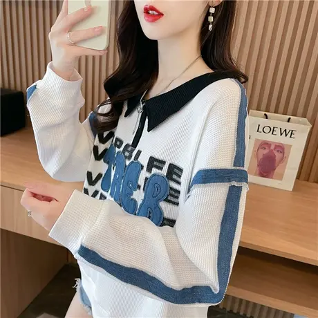 早秋装polo领卫衣女春秋季韩版宽松薄款设计感小众华夫格上衣外套商品大图